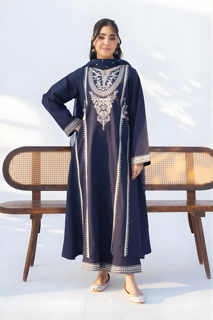 Rozana - 3PC Lawn Embroidered Shirt with Embroidered Chiffon Dupatta (Unstitched)