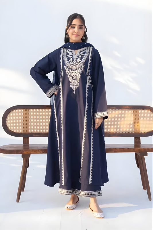 Rozana - 3PC Lawn Embroidered Shirt with Embroidered Chiffon Dupatta (Unstitched)