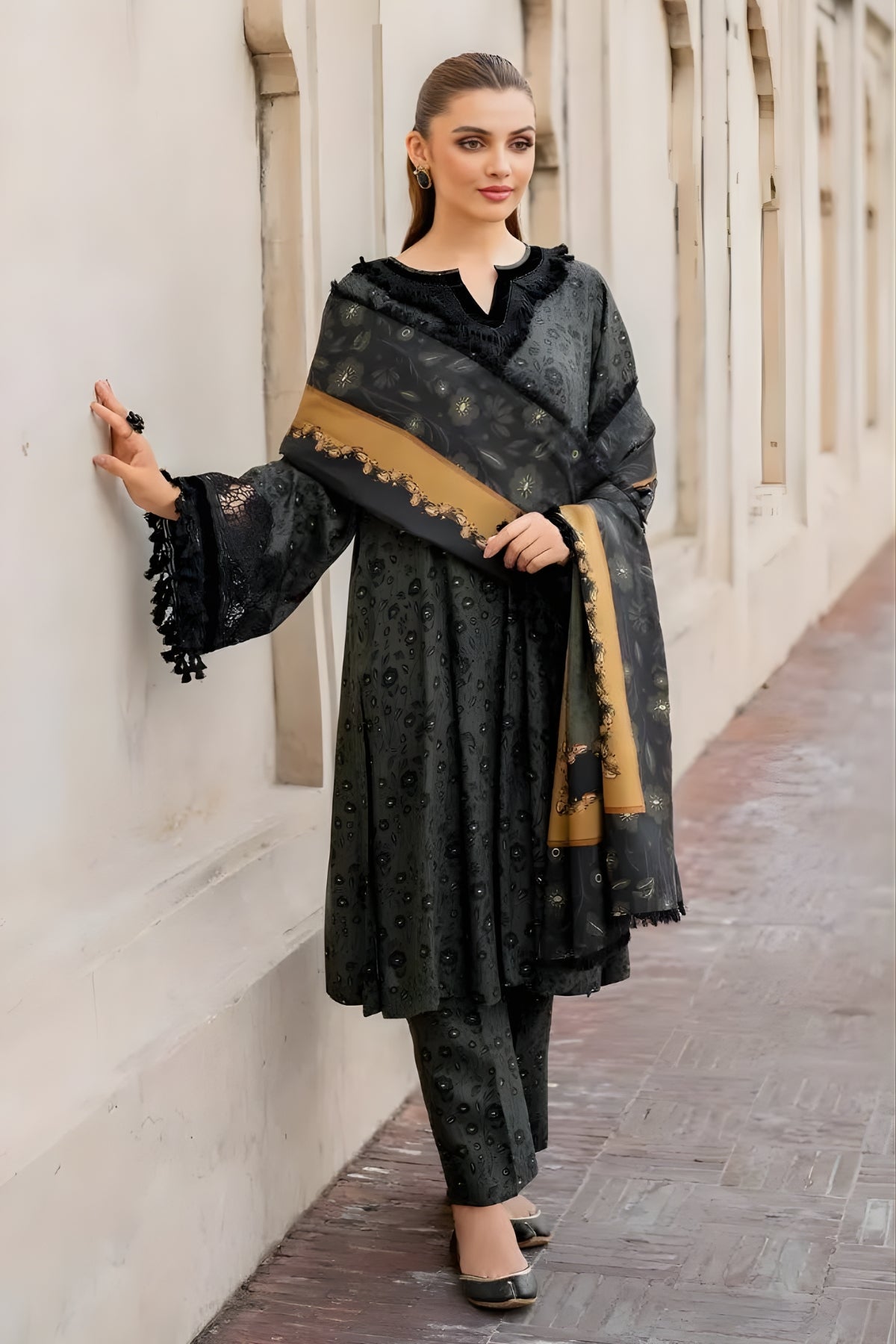 Baroque - 3PC Unstitched Printed Karandi Shirt with Printed Karandi Dupatta and Same Printed Trouser