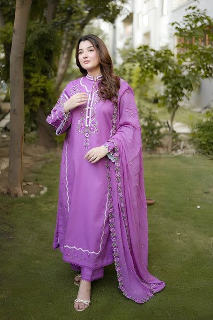 Aneelas - 3PC Unstitched Lawn Embroidered Shirt with Cotton Net Embroidered Dupatta and Trouser