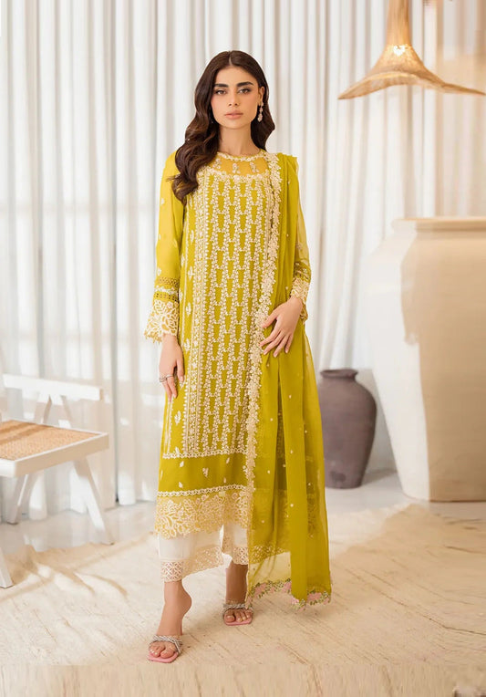 Azure Luxury Embroidered Chiffon 3Pc Unstitched Suit - Amber Glow