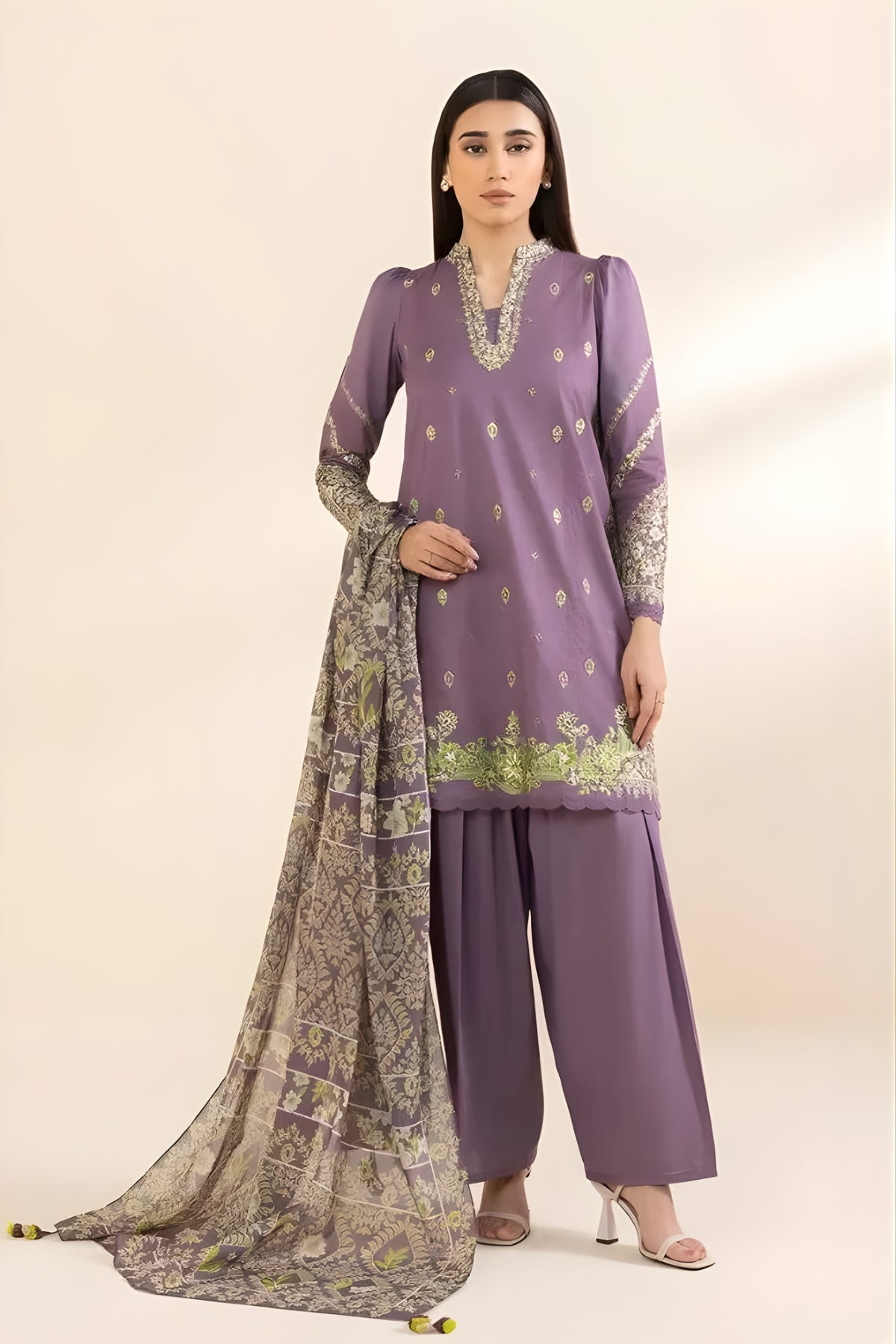 Sapphire - 3PC Lawn Embroidered Shirt with Printed Chiffon Dupatta (Unstitched)