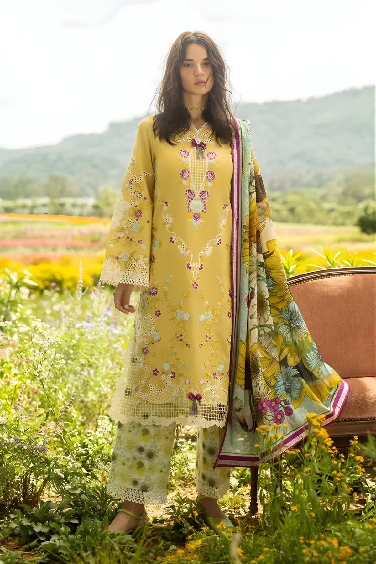 Mushq - 3PC Lawn Embroidered Shirt with Printed Silk Dupatta (Unstitched)