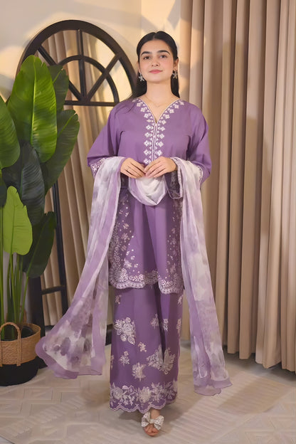Maria B - 3PC Unstitched Lawn Embroidered Shirt with Digital Printed Dupatta and Embroidered Trouser