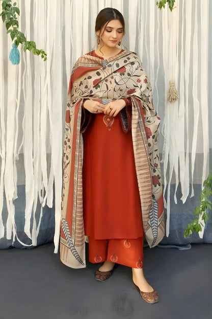URGE - 3PC Unstitched Khaddar Embroidered Shirt with Digital Printed Dupatta and Embroidered Trouser