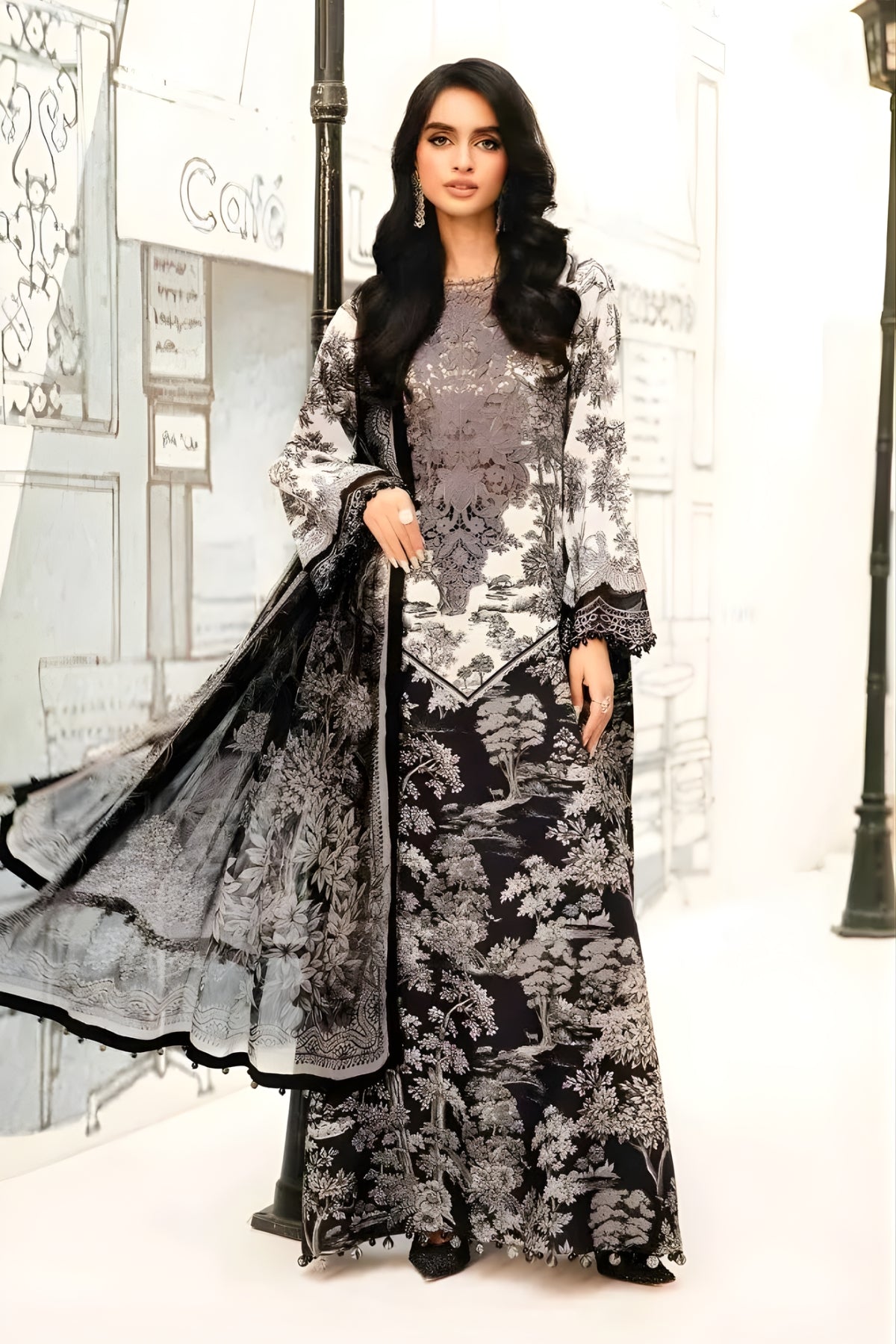 Maria B - 3PC All Over Printed Banadora Lawn Shirt with Printed Voil Dupatta (Unstitched)