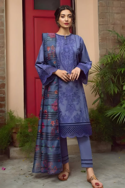 Jazmin - 3PC Unstitched Lawn Chicken Kari Embroidered Shirt with Printed Slub Net Dupatta