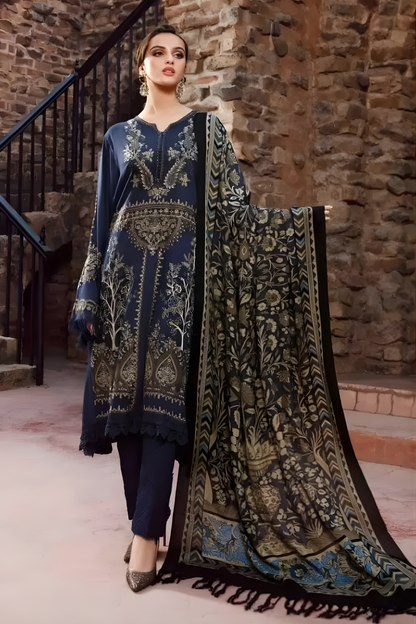 Maria B - 3PC Unstitched Dhanak Embroidered Shirt with Digital Printed Dupatta and Trouser