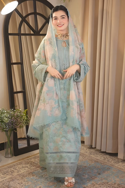 Aneelas - 3PC Unstitched Lawn Embroidered Shirt with Digital Printed Dupatta and Trouser