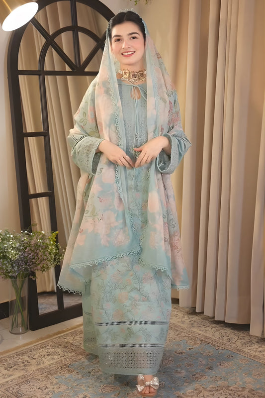 Aneelas - 3PC Unstitched Lawn Embroidered Shirt with Digital Printed Dupatta and Trouser