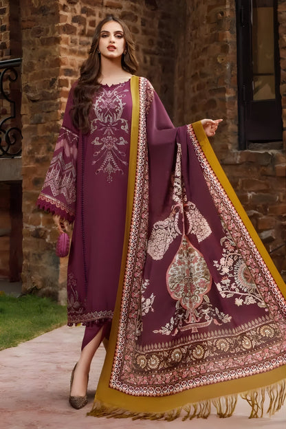 Maria B - 3PC Unstitched Dhanak Embroidered Shirt with Digital Printed Dupatta and Trouser