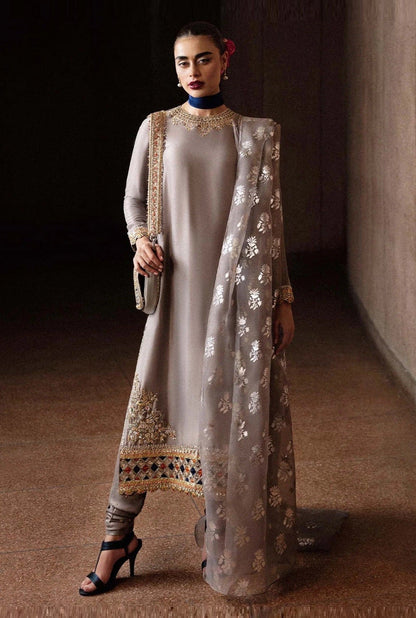 Hussain Rehar Luxury Raw Silk Embroidered 3Pc Unstitched Suit - Mist