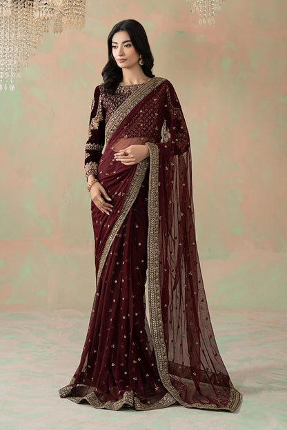 Maria B 11R1 - Maroon Luxury Net Embroidered 3Pc Unstitched Sari