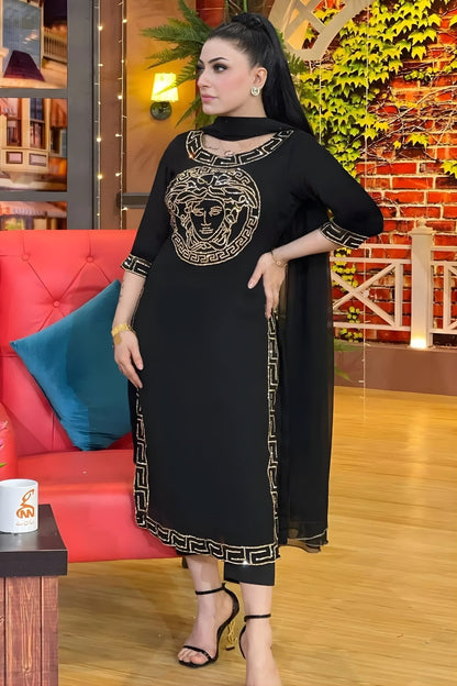 Versace - 3PC Unstitched Shamooz Silk Embroidered Shirt with Bamber Chiffon Dupatta and Plain Trousers