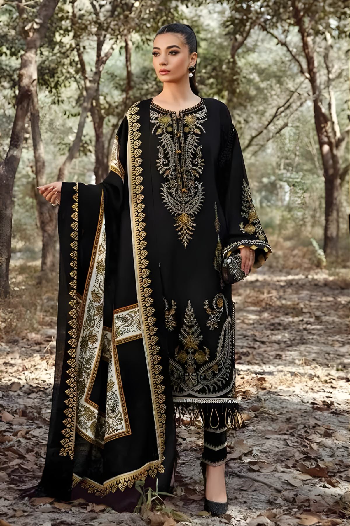 Maria B - 3PC Unstitched Dhanak Embroidered Shirt with Digital Printed Dupatta and Trouser