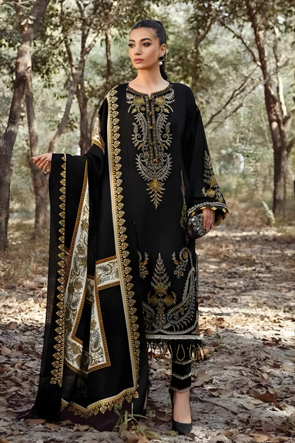Maria B - 3PC Unstitched Dhanak Embroidered Shirt with Digital Printed Dupatta and Trouser