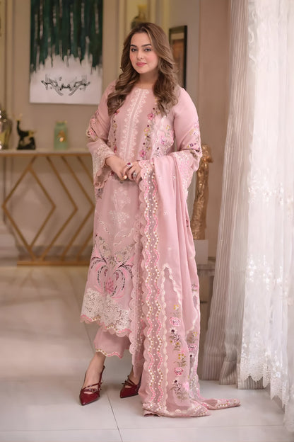 Aneelas - 3PC Unstitched Lawn Embroidered Shirt with Khaddi Net Embroidered Dupatta and Trouser