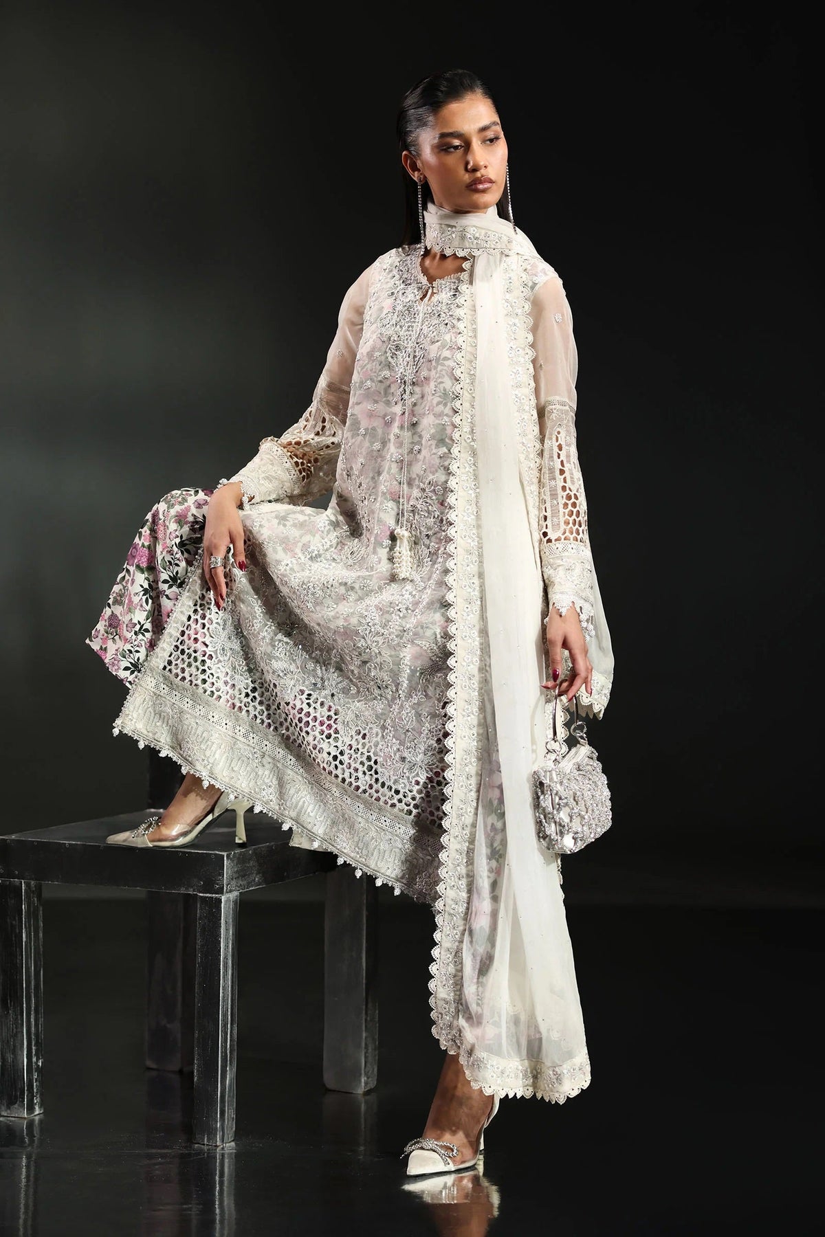 Maria B Luxury Embroidered Organza 3Pc Unstitched Suit Off White