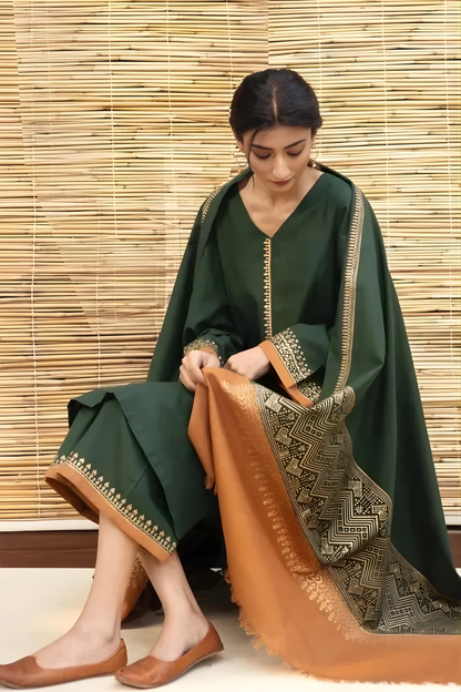 Zarpash - 3PC Unstitched Dhanak Neckline Embroidered Shirt with Digital Printed Dupatta and Trouser