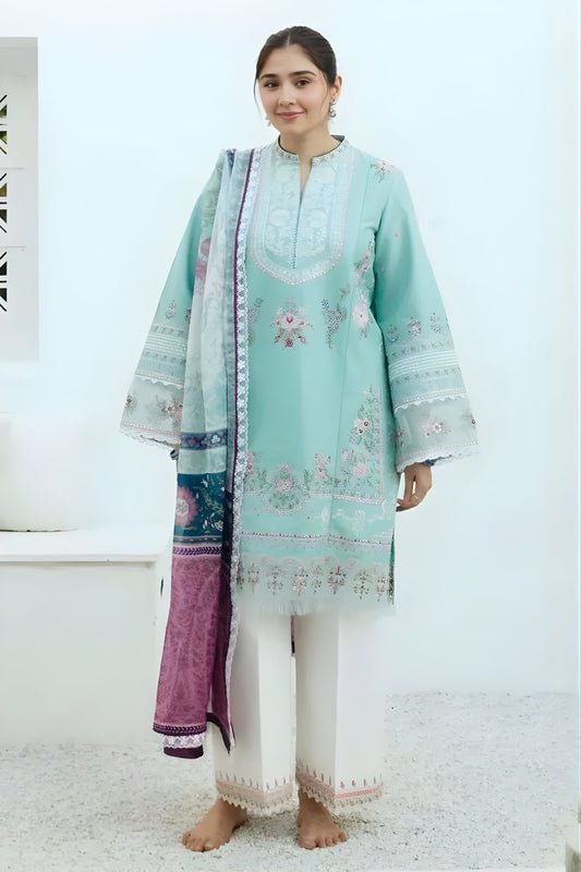 Zara Shah Jahan - 3PC Unstitched Lawn Embroidered Shirt with Digital Printed Chiffon Dupatta and Embroidered Trousers