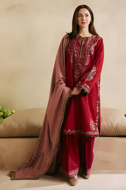 Zara Shah Jahan - 3PC Unstitched Dhanak Embroidered Shirt with Digital printed Dupatta and Trouser