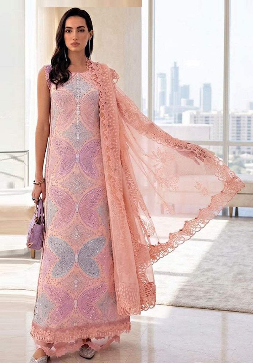 Maria B Luxury Lawn Embroidered Unstitched 3PC Suit Butterfly Pink