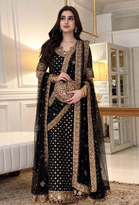 Haris Shakeel (black )Aisha afridi Luxury Chiffon Embroidered 3Pc Unstitched