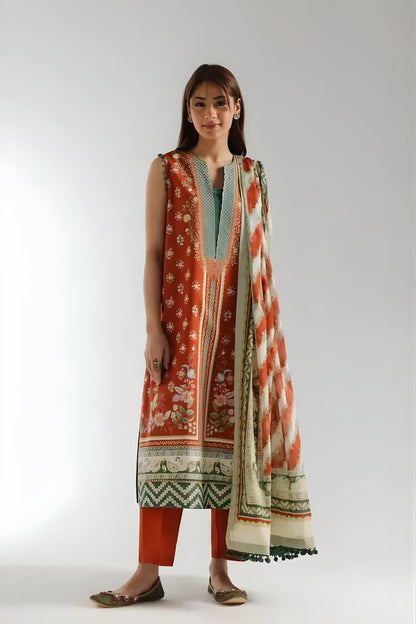 Ethnc - 3PC Banadora Lawn Printed Shirt with Printed Voil Dupatta (Unstitched)