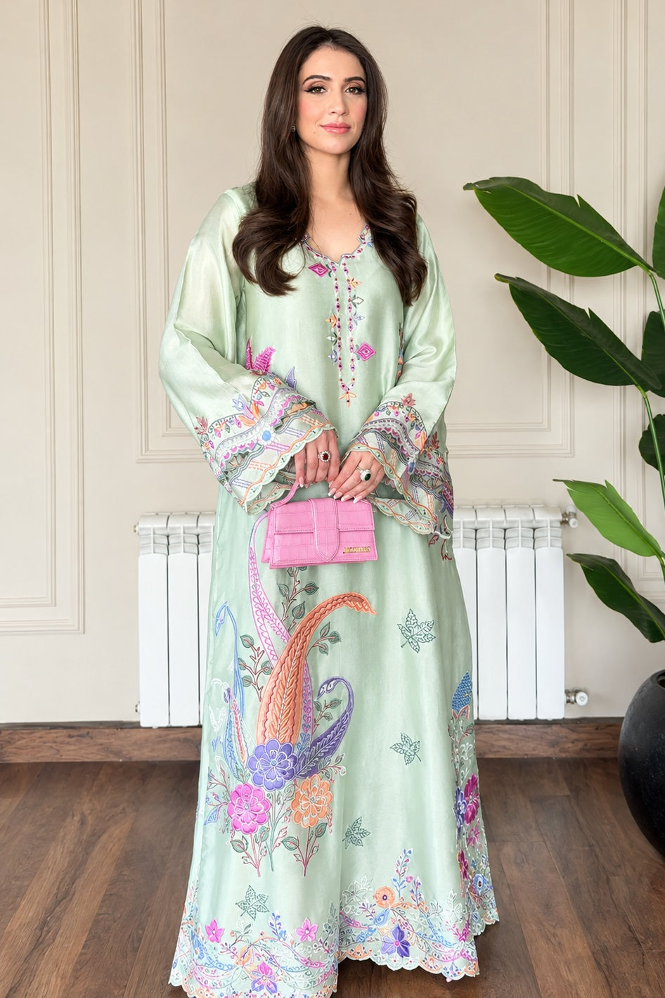 Zinnia Fatima Mustafa - Minal Mint Luxury Embroidered Sheesha Silk 3Pc Unstitched Kaftan Suit