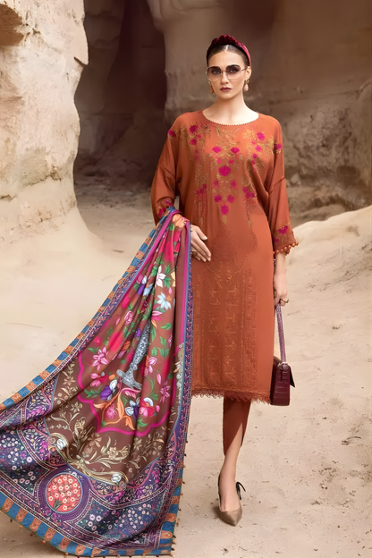 Maria B - 3PC Unstitched Dhanak Embroidered Shirt with Digital Printed Dupatta and Trouser