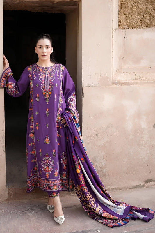 Aneelas - 3PC Unstitched Dhanak Embroidered Shirt with Digital Printed Dupatta and Trouser