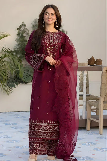 Allys - 3PC Lawn Embroidered Shirt with Embroidered Organza Dupatta (Unstitched)