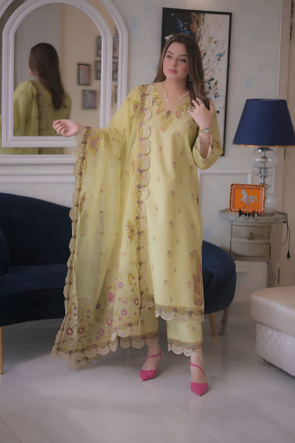 Aneelas - 3PC Unstitched Lawn Embroidered Shirt with Cotton Net Embroidered Dupatta and Trouser