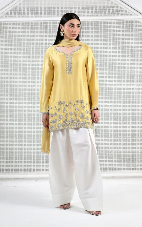 Huma Mistry Luxury Silk Embroidered 3 Pc Unstitched Suit - Butter Radiance