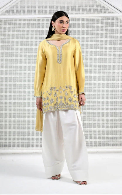 Huma Mistry Luxury Silk Embroidered 3 Pc Unstitched Suit - Butter Radiance