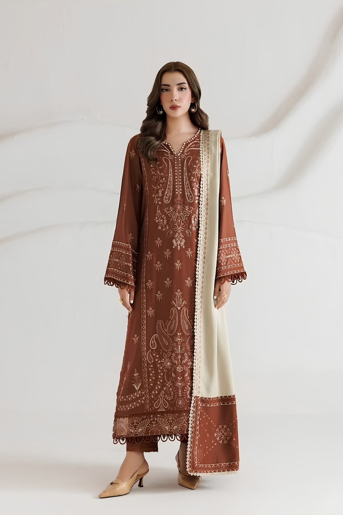 Daria - 3PC Unstitched Dhanak Embroidered Shirt with Digital Printed Dupatta and Trouser