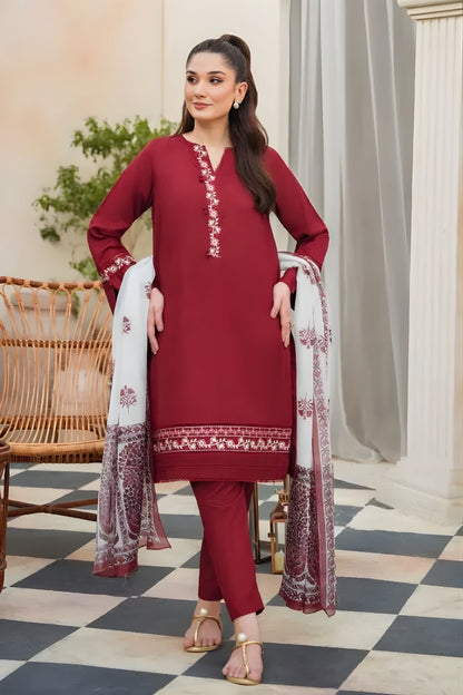 ZIVA - 3PC Unstitched Khaddar Embroidered Shirt with Tissue Silk Dupatta and Plain Trouser