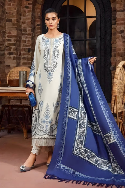 Maria B - 3PC Unstitched Dhanak Embroidered Shirt with Printed Dupatta and Trouser