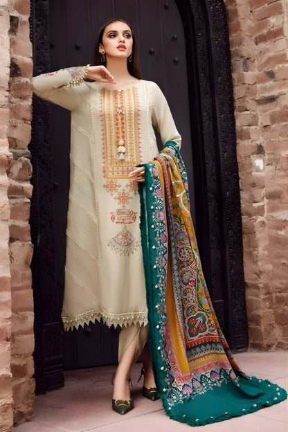 Maria B - 3PC Unstitched Dhanak Embroidered Shirt with Digital Printed Dupatta and Trouser