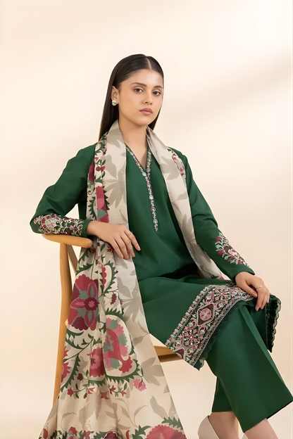 Sapphire - 3PC Unstitched Khaddar Embroidered Front with Digital Printed Dupatta and Trouser