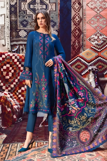 Maria B - 3PC Unstitched Dhanak Embroidered Shirt with Digital Printed Dupatta and Trouser
