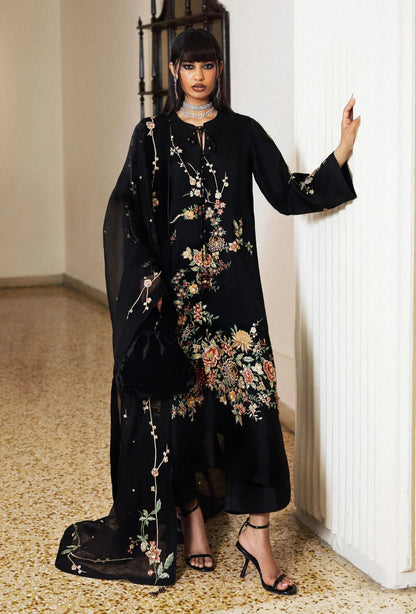 Hussain Rehar Luxury Embroidered Raw Slik Unstitched 3Pc Suit - Sitara Noir