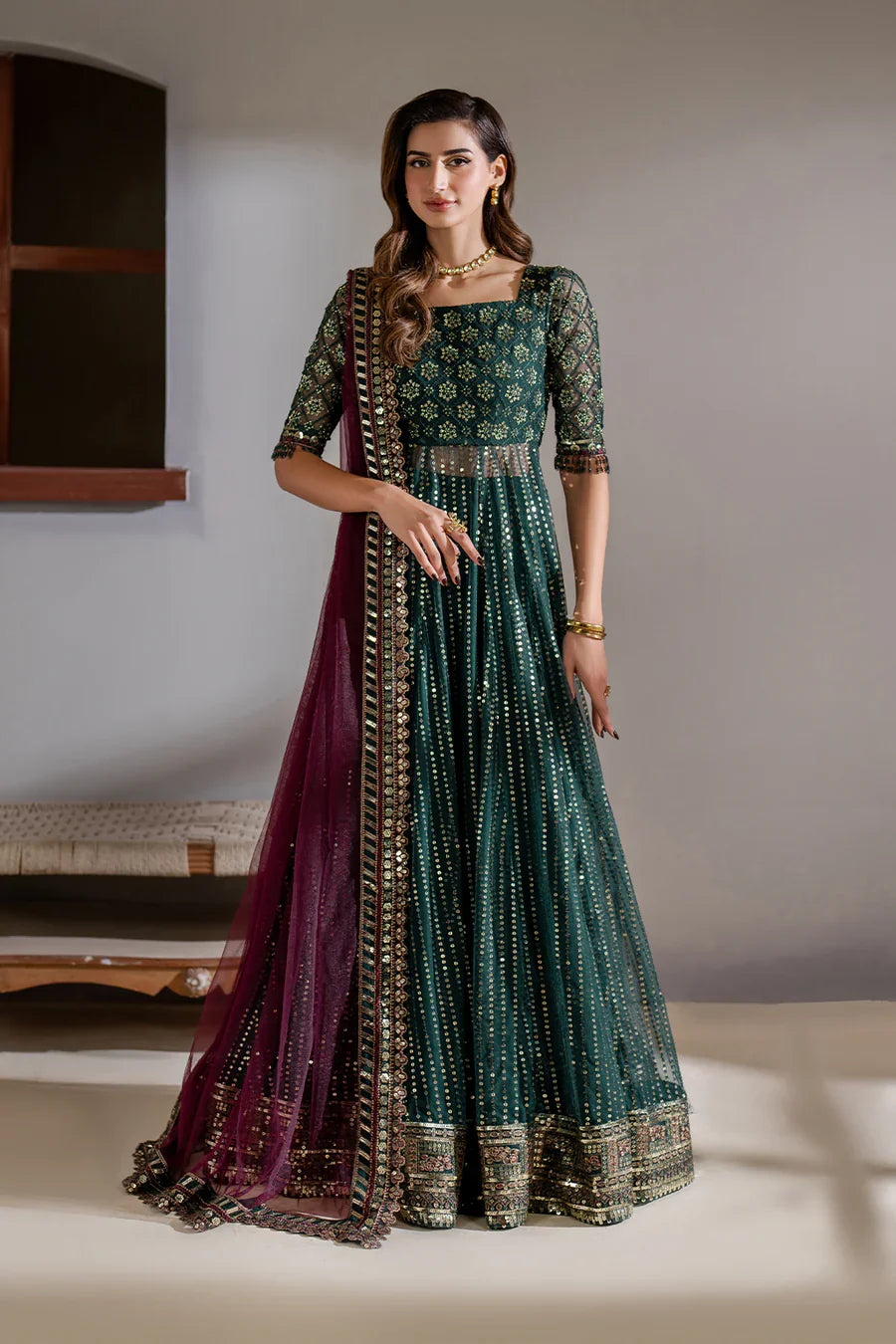 Iznik Meraki Luxury Embroidered Dark Green Luxury Unstitched Net Maxi