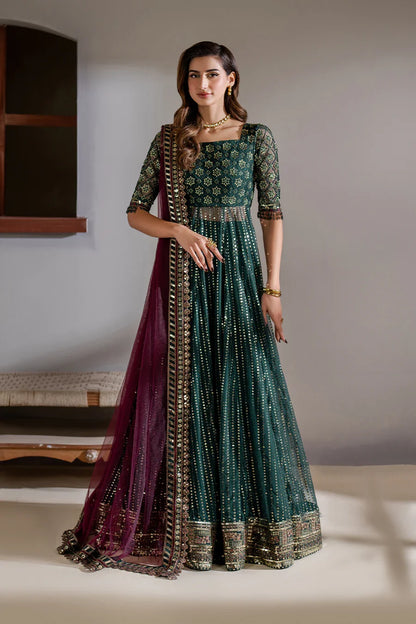 Iznik Meraki Luxury Embroidered Dark Green Luxury Unstitched Net Maxi