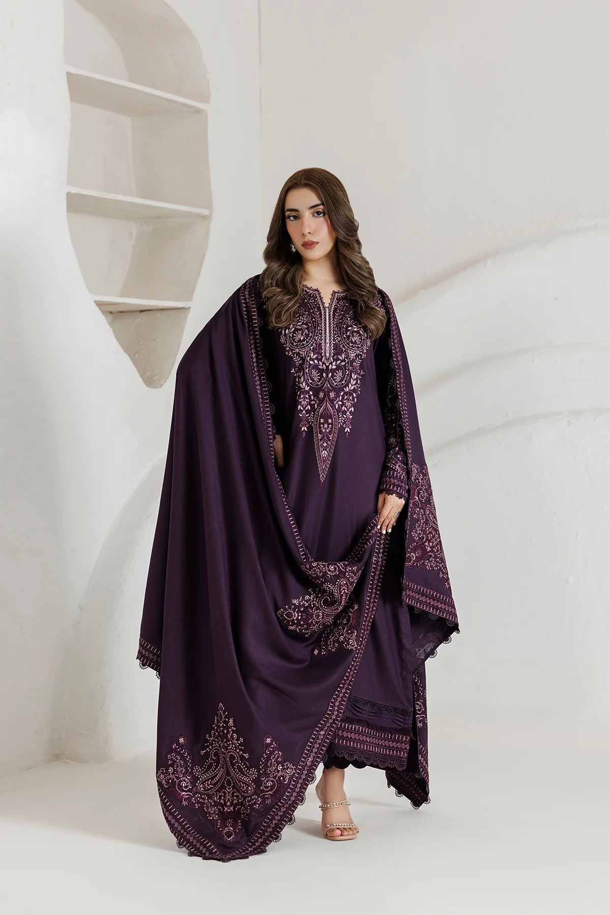 Daria - 3PC Unstitched Dhanak Embroidered Shirt with Dhanak Embroidered Dupatta and Trouser