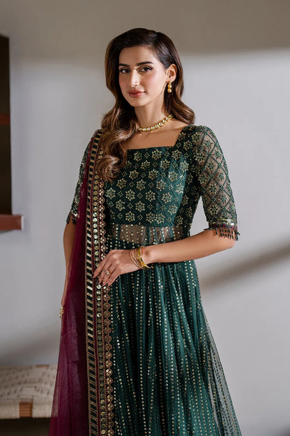 Iznik Meraki Luxury Embroidered Dark Green Luxury Unstitched Net Maxi
