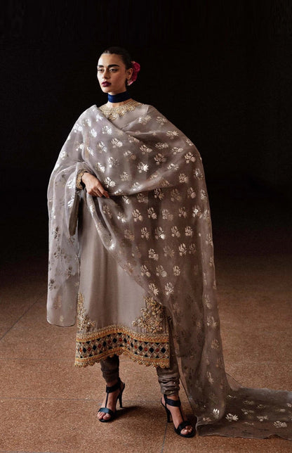 Hussain Rehar Luxury Raw Silk Embroidered 3Pc Unstitched Suit - Mist