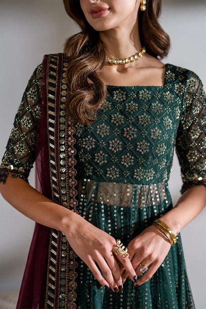 Iznik Meraki Luxury Embroidered Dark Green Luxury Unstitched Net Maxi