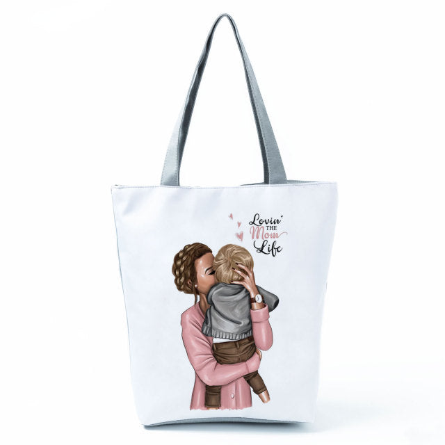 Cute Cartoon Super Mama Print Tote Bag Travel Shoulder