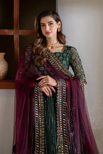 Iznik Meraki Luxury Embroidered Dark Green Luxury Unstitched Net Maxi